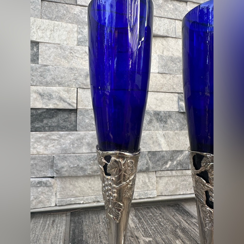 Silver plated cobalt blue fluted Champaign glasses Set of 2 - Picture 7 of 12